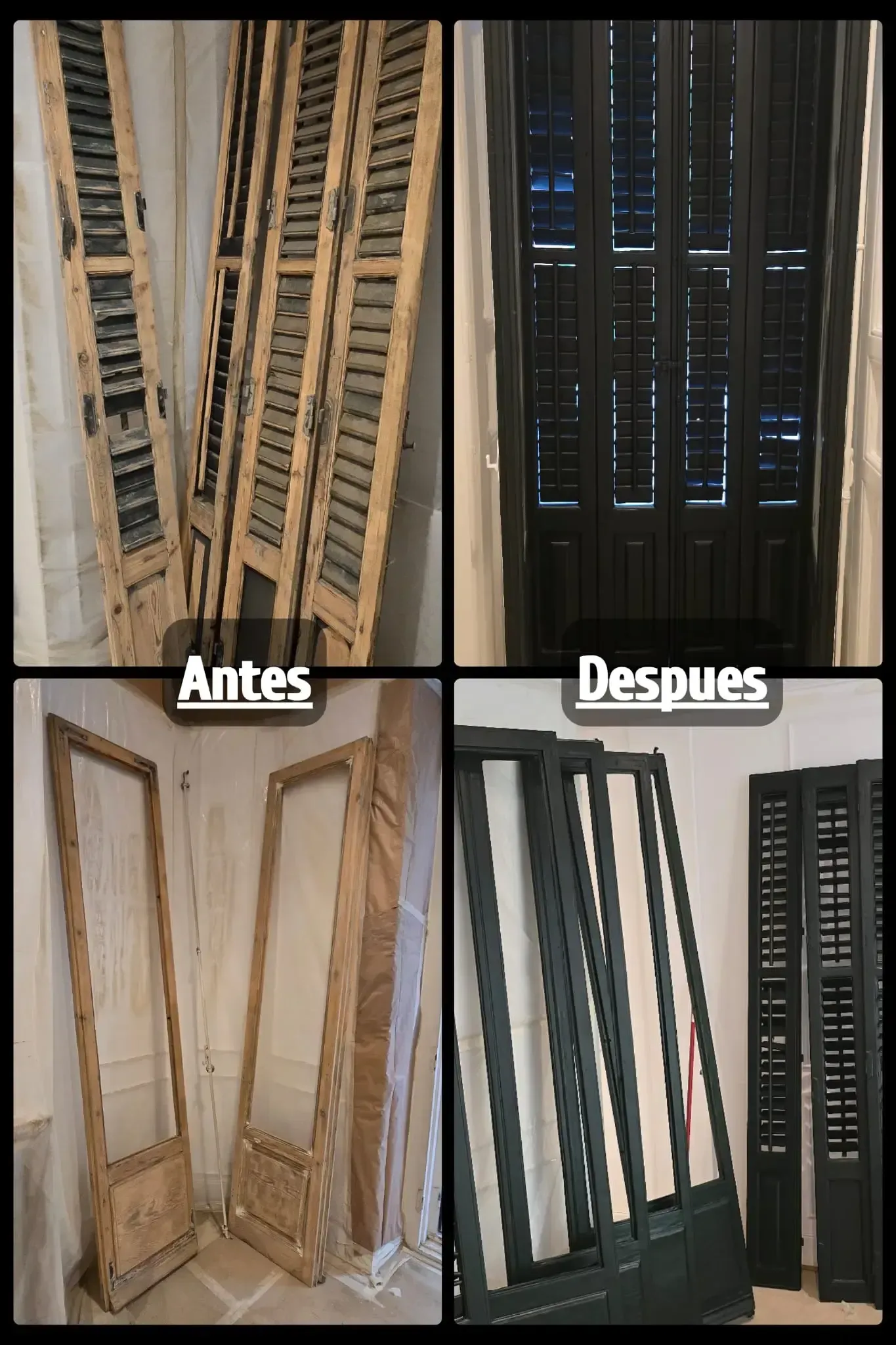Antes y después de puertas dobles de madera, restauradas de marrón oscuro a un marrón más claro y cálido.