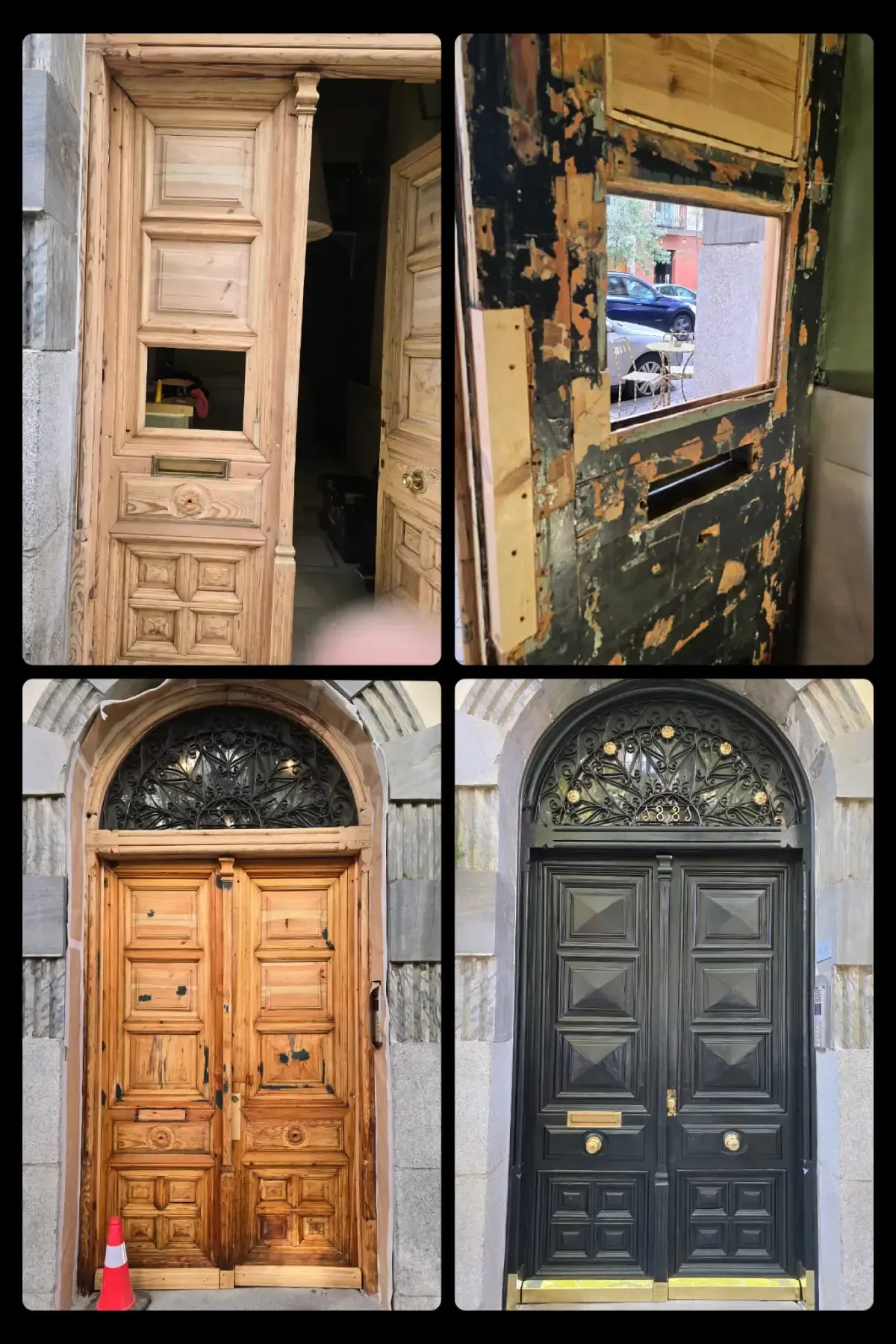 Imagen de cuatro paneles de una puerta de madera en restauración. Arriba a la izquierda: puerta original