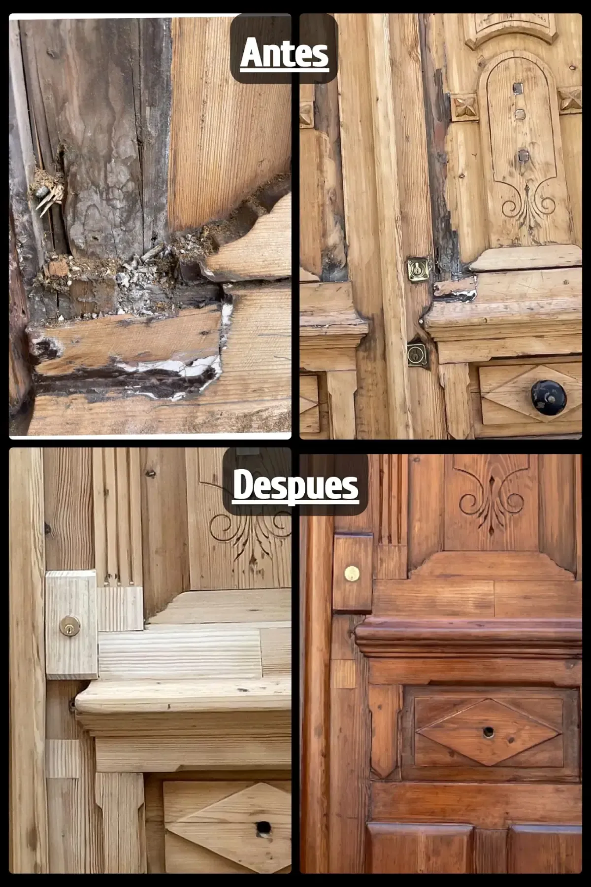 Antes y después de una puerta de madera. Arriba: dañada; abajo: restaurada y teñida de un color más oscuro.