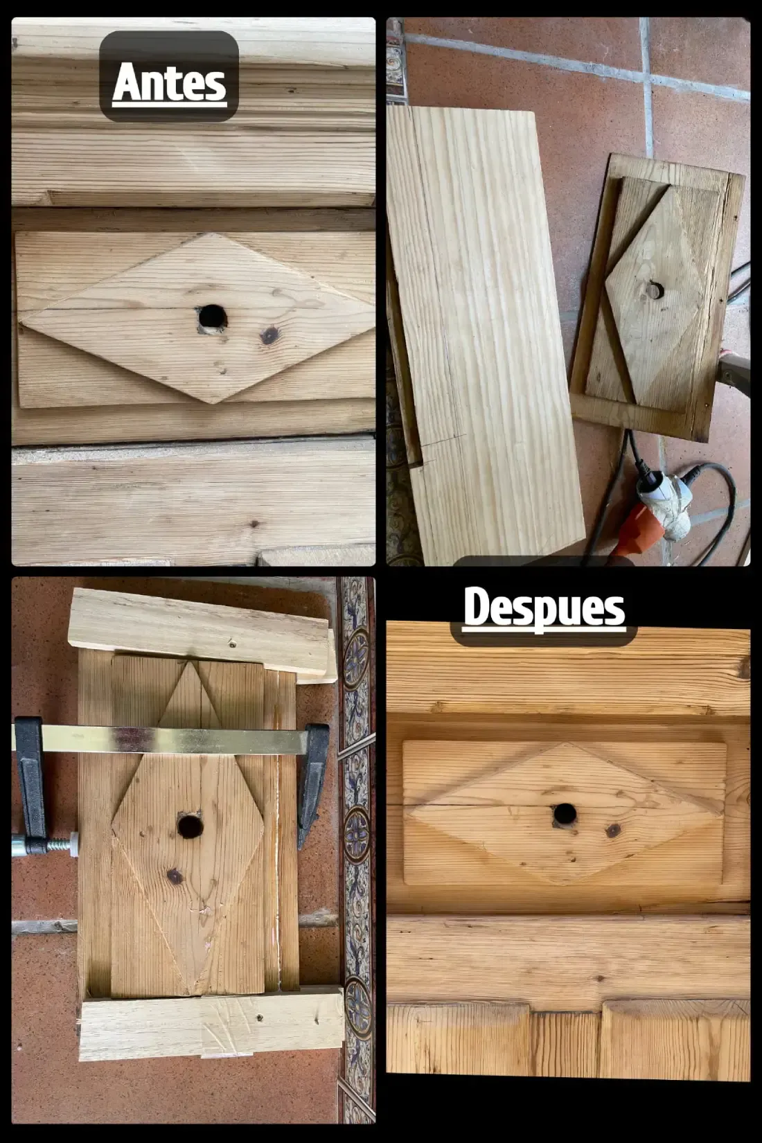 Antes y después de puertas de madera intrincadamente talladas; restauradas y teñidas, mostrando una apariencia mejorada.