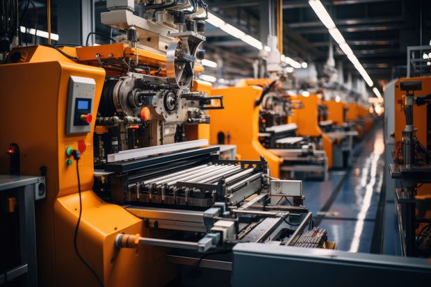 Maquinas industriales amarillas en una fábrica, enfocadas en la más cercana con un panel de control, produciendo artículos.