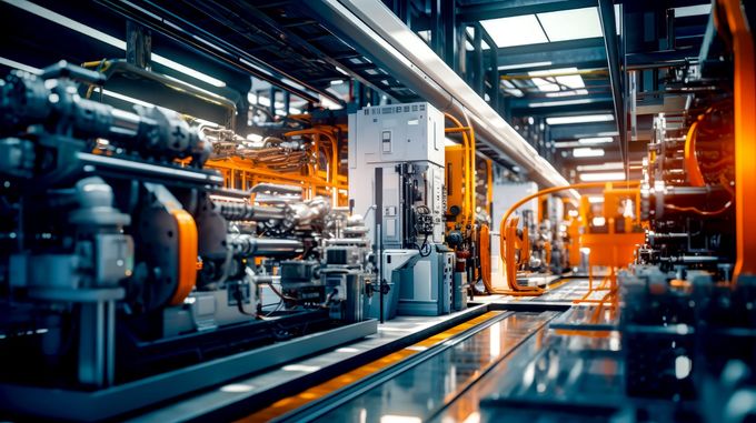 Interior de fábrica industrial con maquinaria y línea de producción, iluminado con luz naranja y azul.