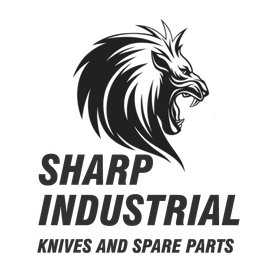Logotipo para Sharp Industrial: cabeza de león sobre el texto "Sharp Industrial, cuchillos y repuestos".