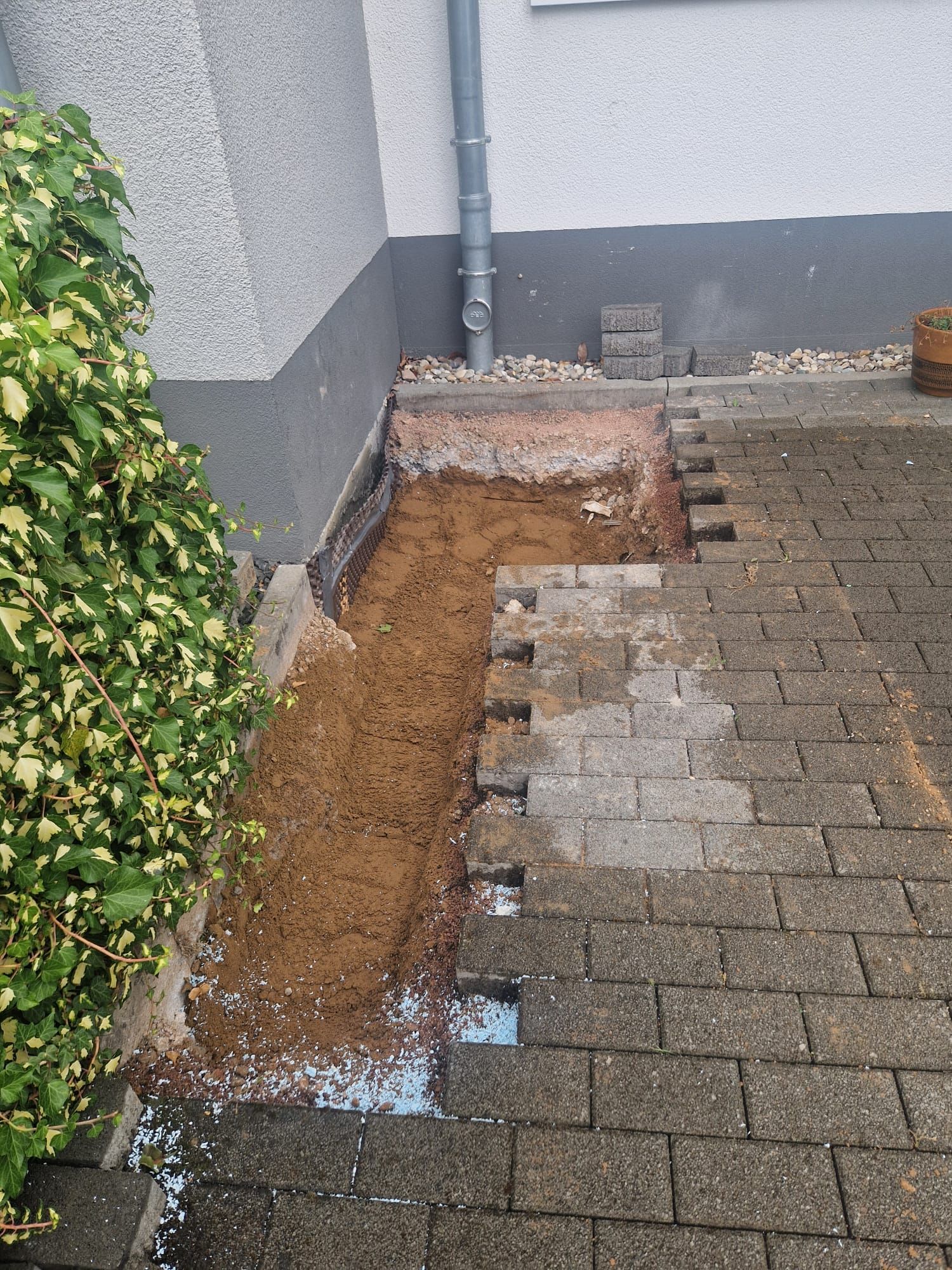 Ein Ziegelweg mit einem Loch in der Mitte neben einem Gebäude.