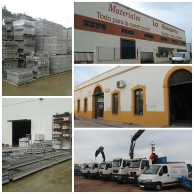 Un collage de imágenes muestra un edificio que dice materiales