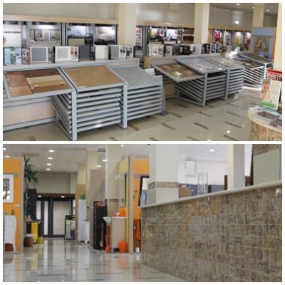 Un collage de dos fotografías de una tienda de azulejos.