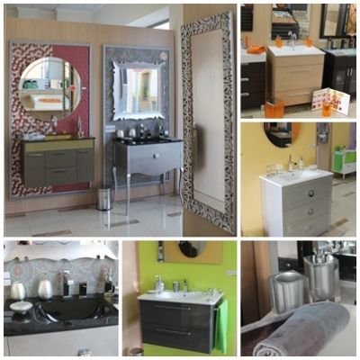 Un collage de imágenes de lavabos y espejos de baño.