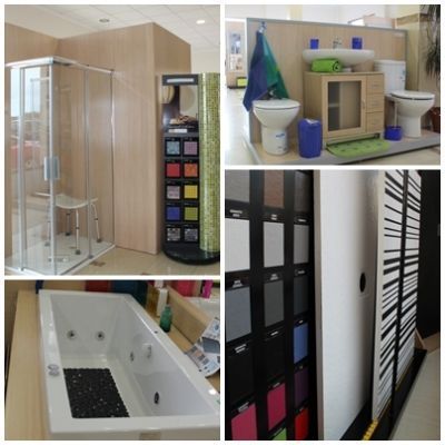 Un collage de imágenes de un baño que incluye una bañera.