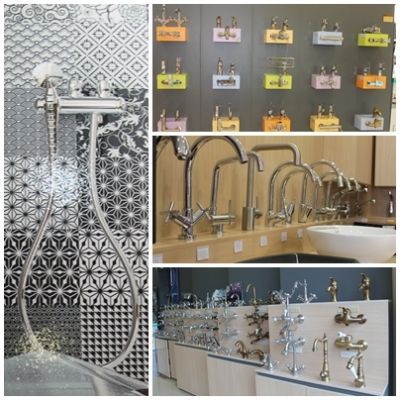 Un collage de imágenes de baños que incluye una ducha y un lavabo.