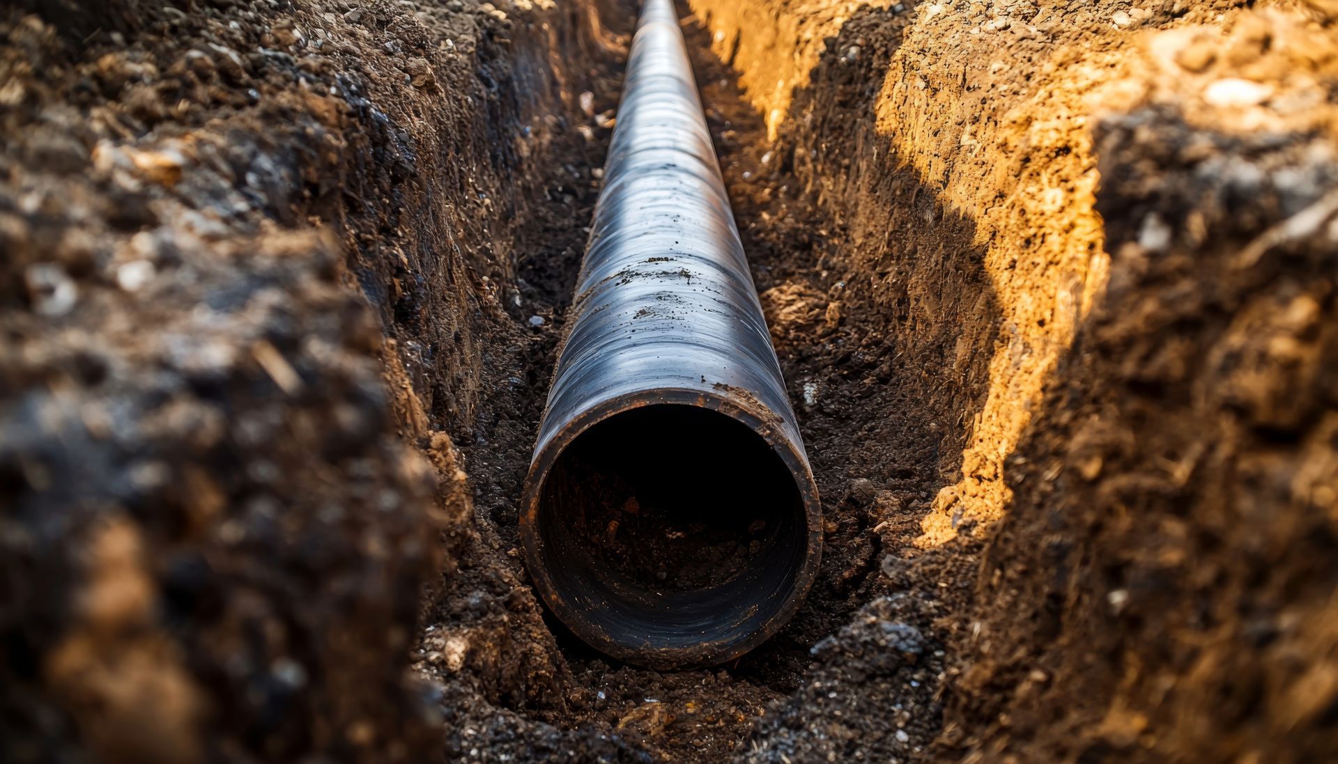 Un tuyau de canalisation dans une tranchée.