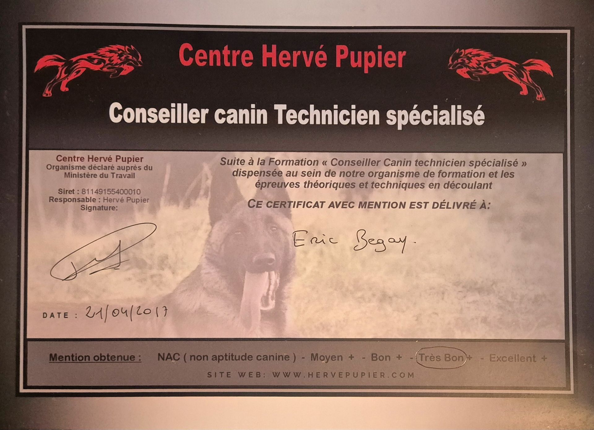 Certificat du « Centre Hervé Pupier »