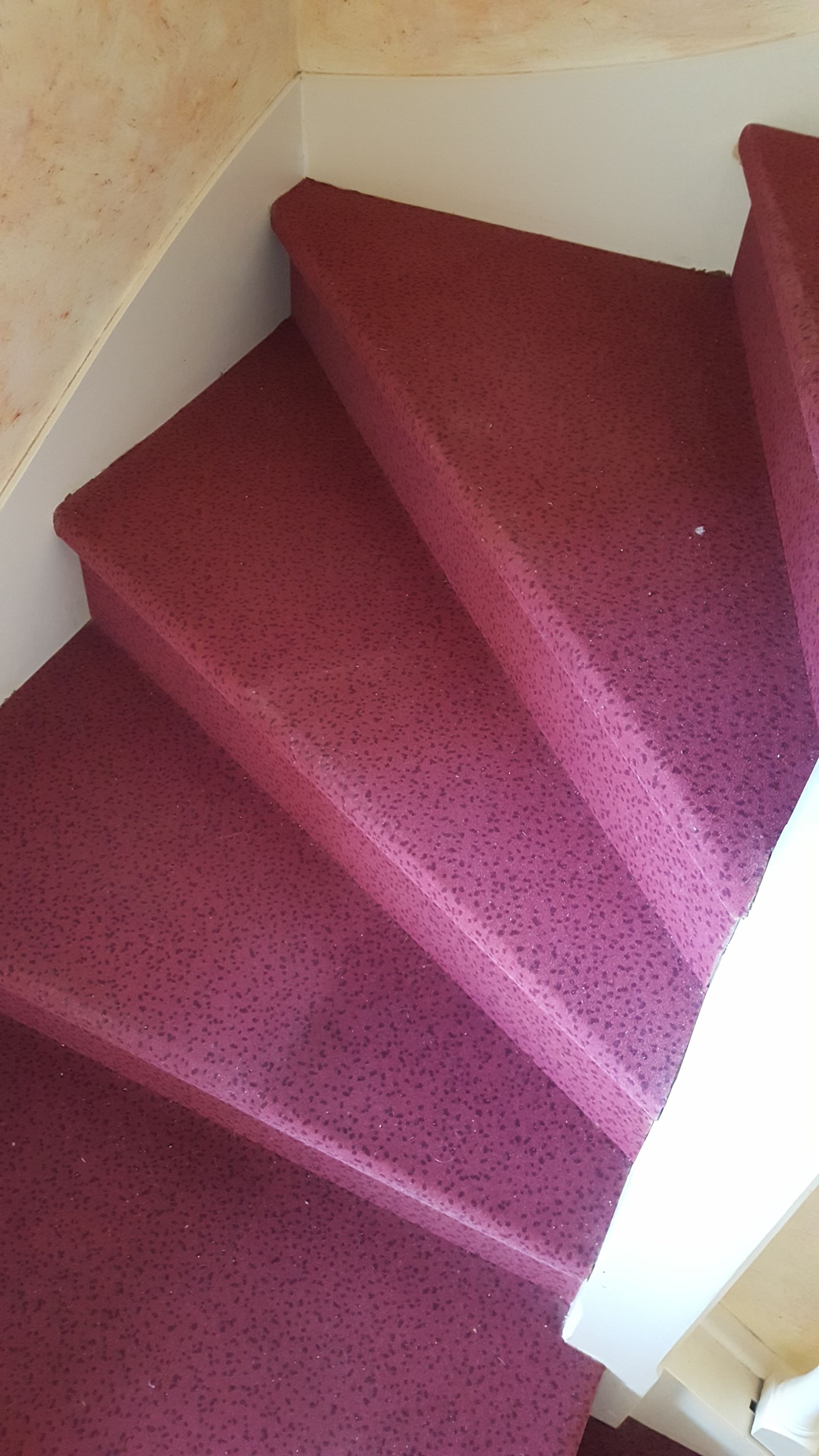 Coin d'escalier avec moquette rouge