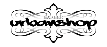 Logotipo para barbería urbana, tipografía negra estilo grafiti y espirales decorativas. "BARBER" arriba.