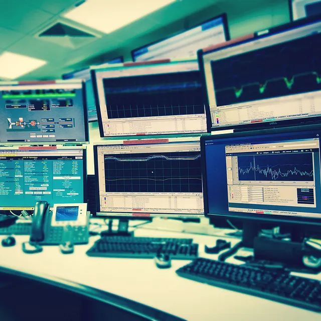 Hay varios monitores de computadora sobre un escritorio y uno tiene un gráfico.