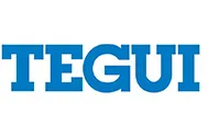 El logotipo de Tegui es azul y blanco sobre un fondo blanco.