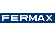 Un logotipo azul y blanco de Fermax sobre un fondo blanco.