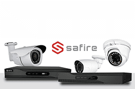 Un grupo de cámaras de seguridad con el logo de Safire al fondo.