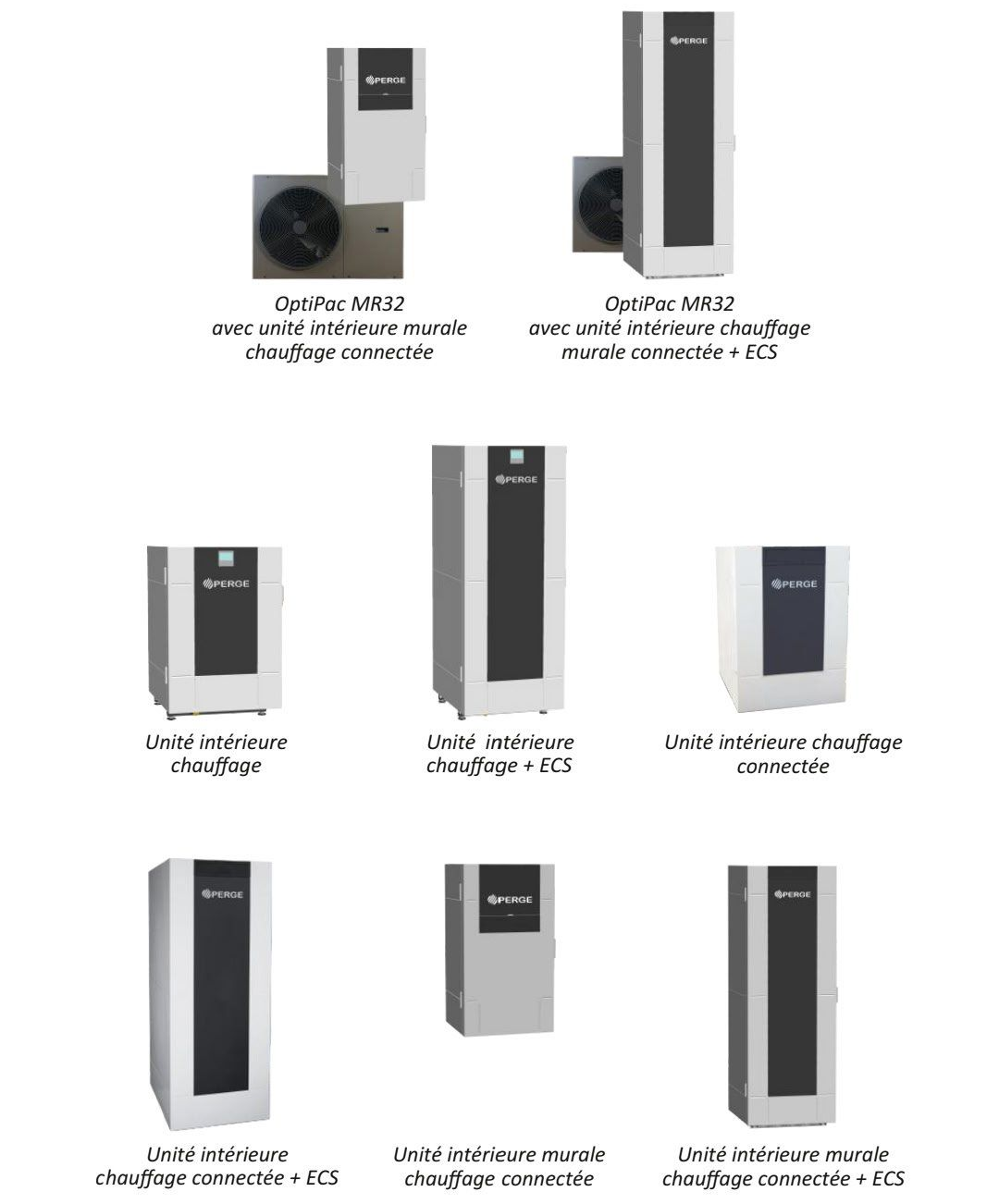 Différents modèles de pompes à chaleur extérieures et intérieures.