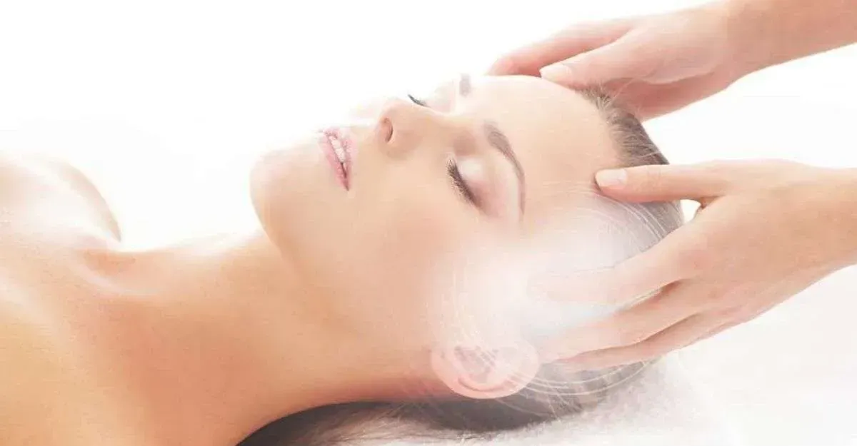 Una mujer está recibiendo un masaje de cabeza en un spa.