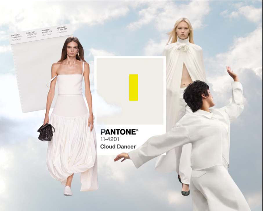 Cloud-Dancer-Mode: Models in weisen Outfits, mit einem Pantone-Farbfächer, gelbem Akzent.