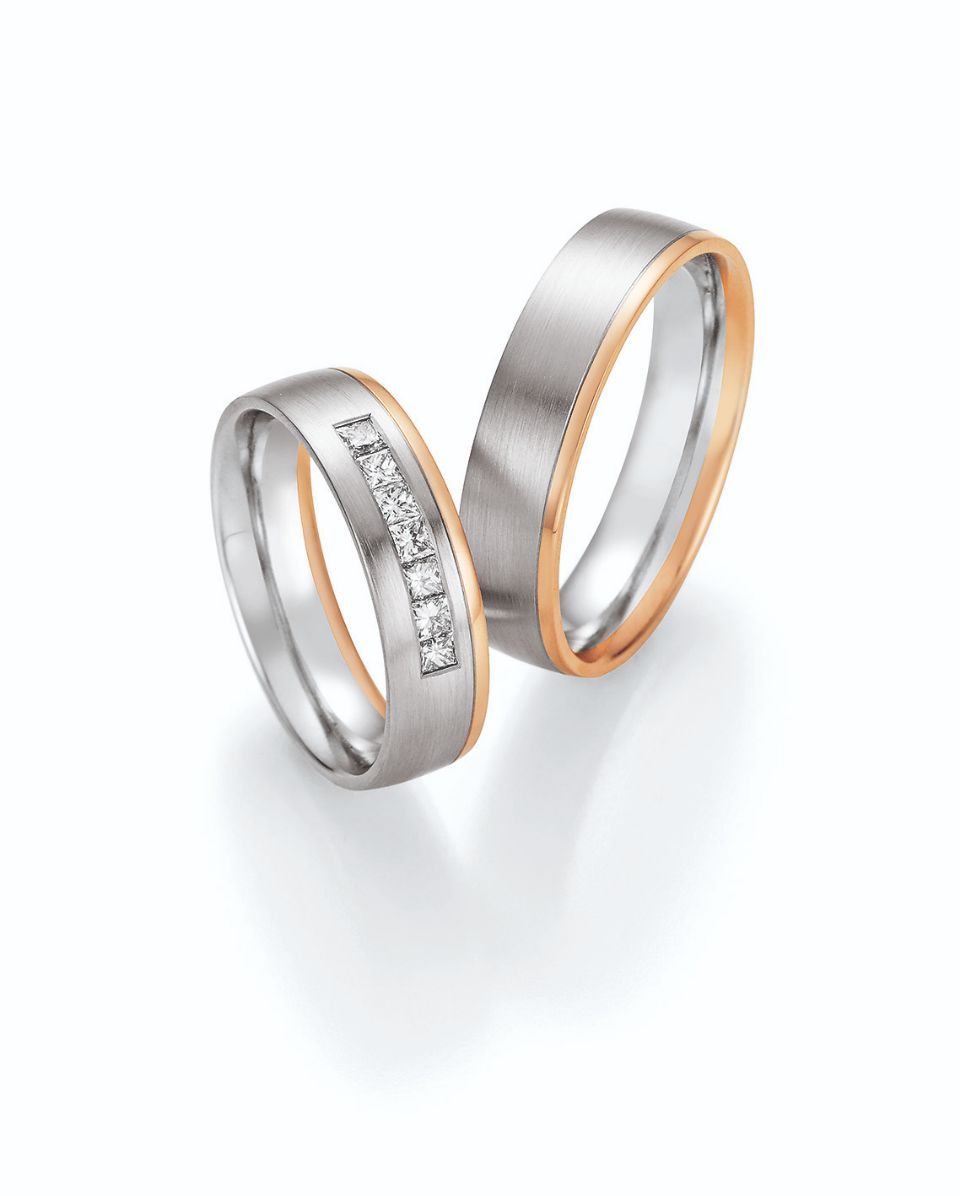 Hochzeitsringe in bicolor mit Silber, Roségold und Stein