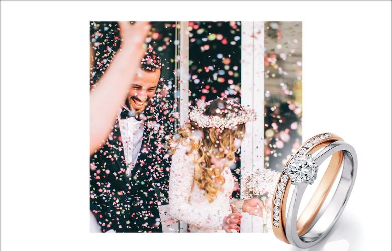 Brautpaar im Konfettiregen und ein silberfarbener Verlobungsring mit Diamant und roségoldener Ring mit Diamanten