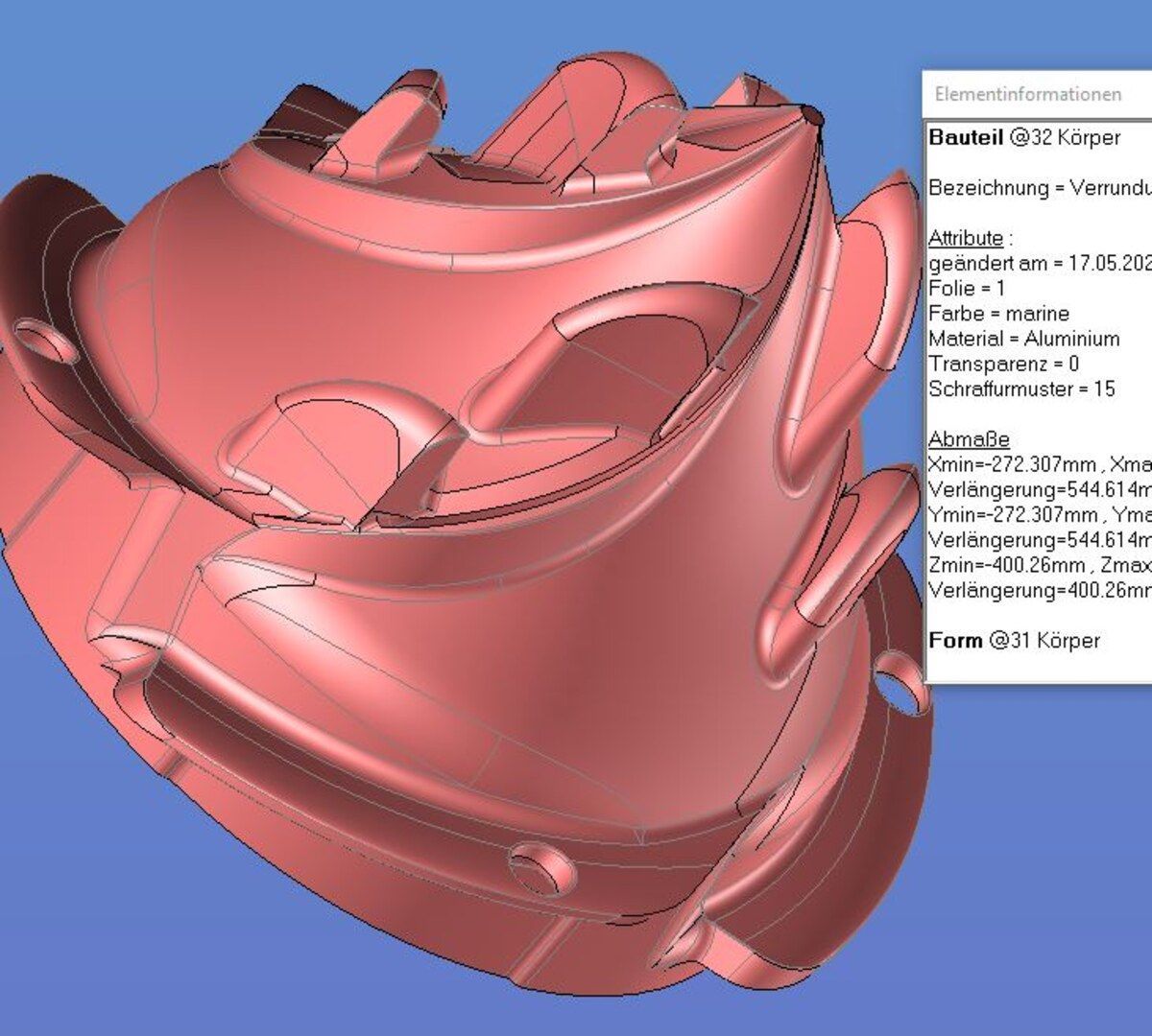 Ein 3D-Modell eines roten Objekts mit blauem Hintergrund