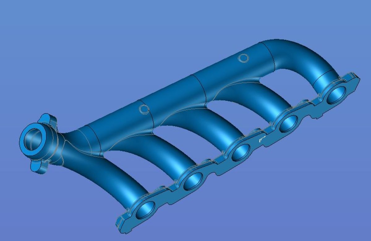 Ein 3D-Modell eines Auspuffrohrs auf blauem Hintergrund.