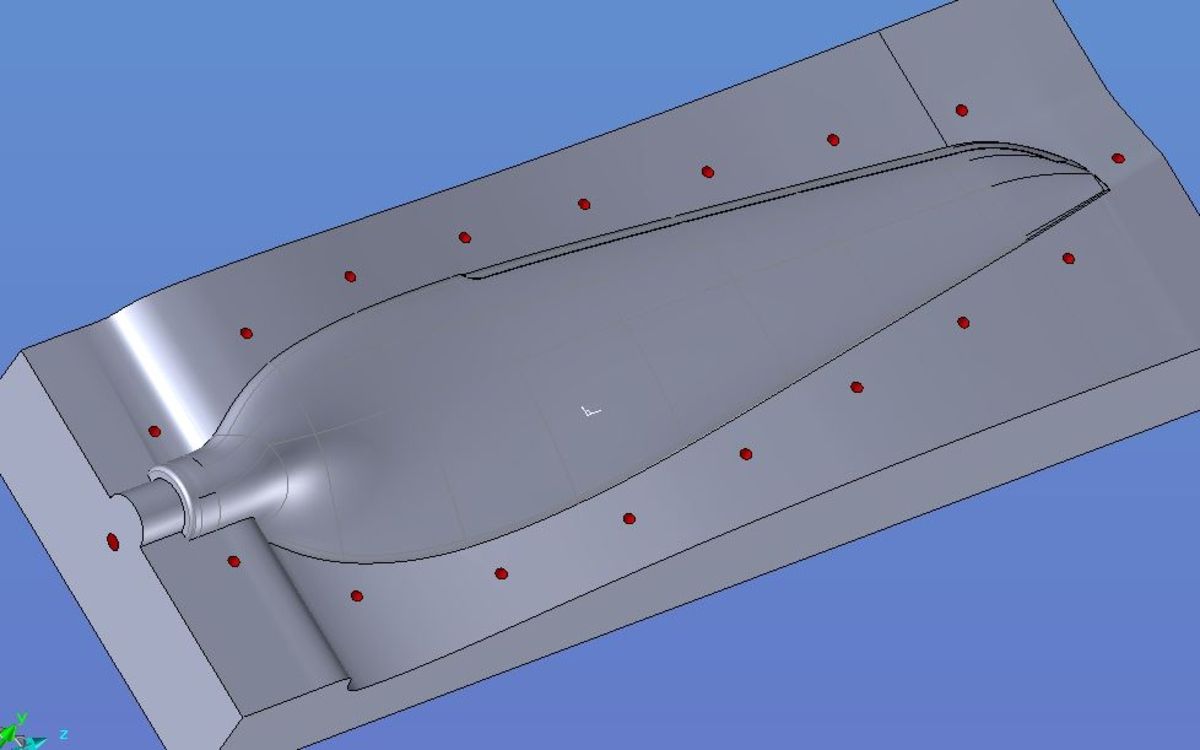 Ein 3D-Modell einer Schaufel mit roten Punkten darauf
