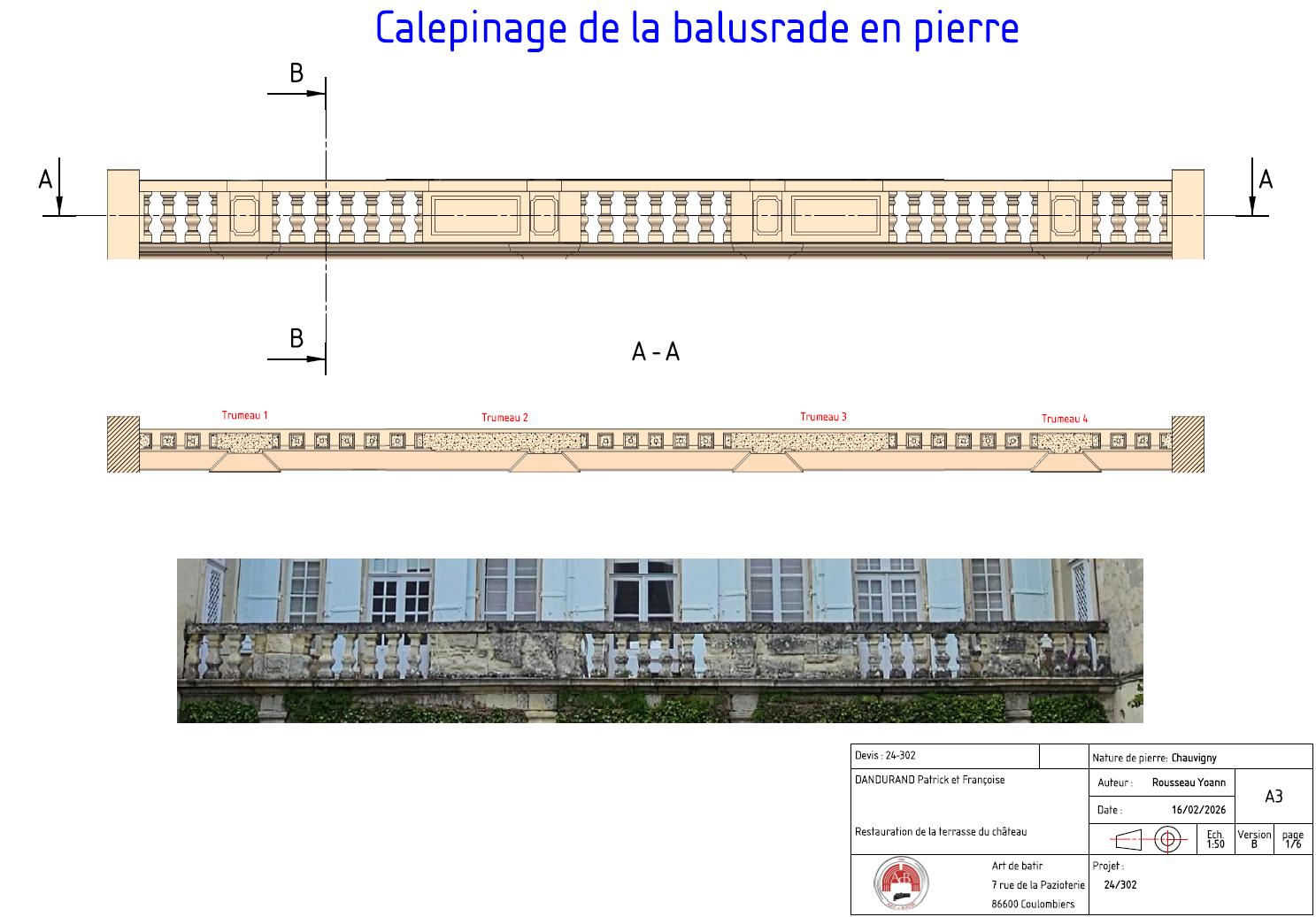 Dessin architectural et élévation d’une balustrade en pierre, avec une photo de la façade du bâtiment en dessous