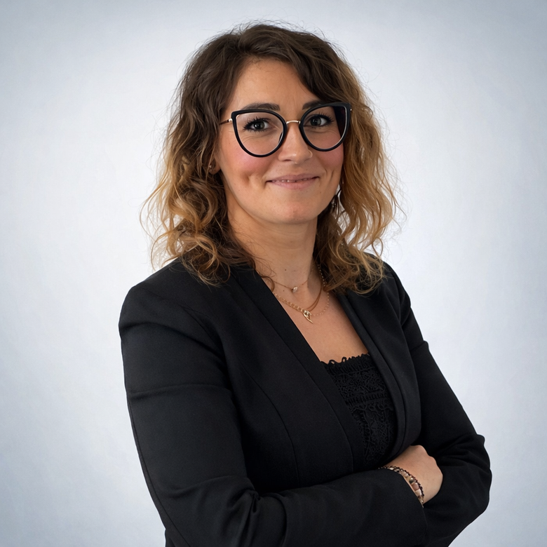 Femme en blazer noir et lunettes posant les bras croisés sur fond blanc.