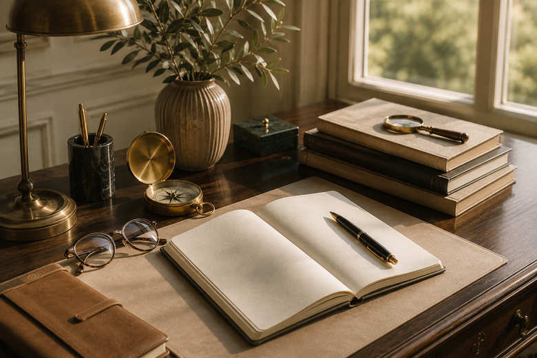 Un bureau en bois soigné avec un carnet ouvert, un stylo, une lampe, des livres et un vase près d'une fenêtre ensoleillée.