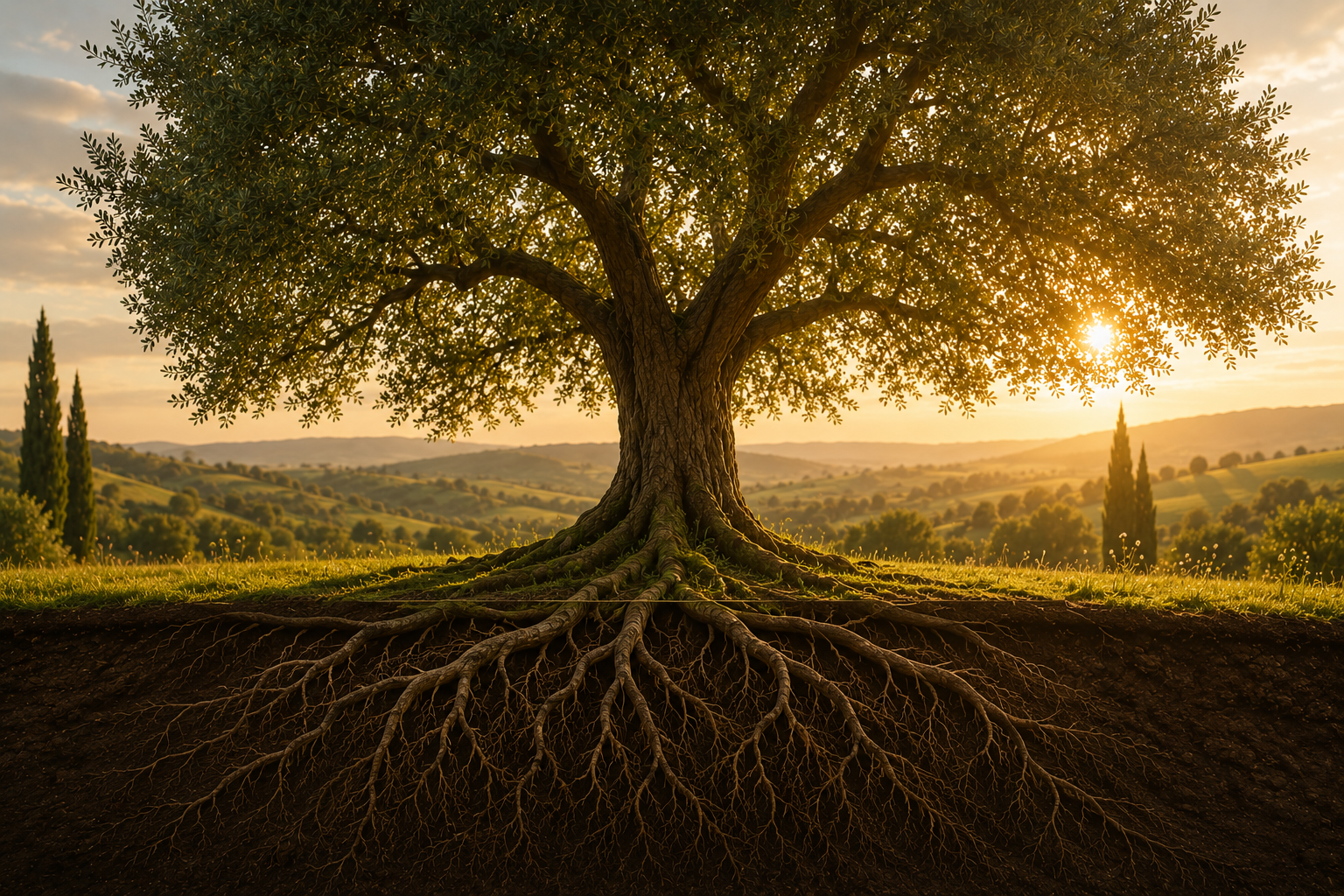 Arbre solitaire baigné de soleil, aux racines apparentes, dominant un paysage doré au coucher du soleil.