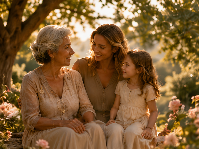 Trois personnes sont assises ensemble dans un jardin ensoleillé, souriant parmi des fleurs roses.