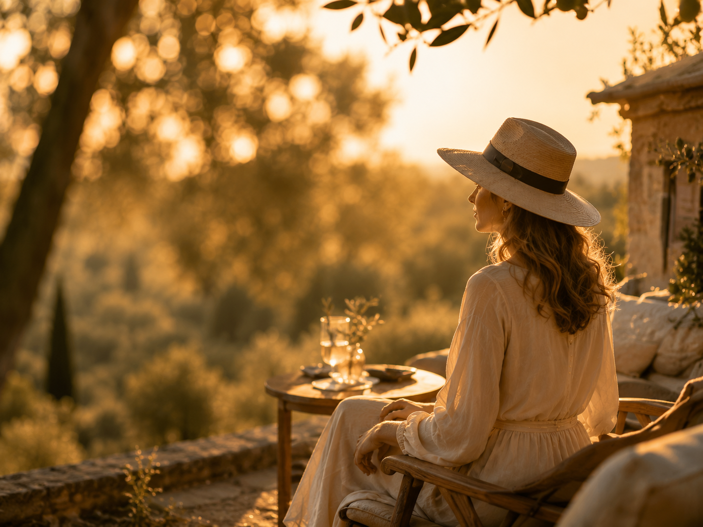 Une personne coiffée d'un chapeau de paille est assise sur une véranda au coucher du soleil, avec une table à thé et une douce lumière dorée.