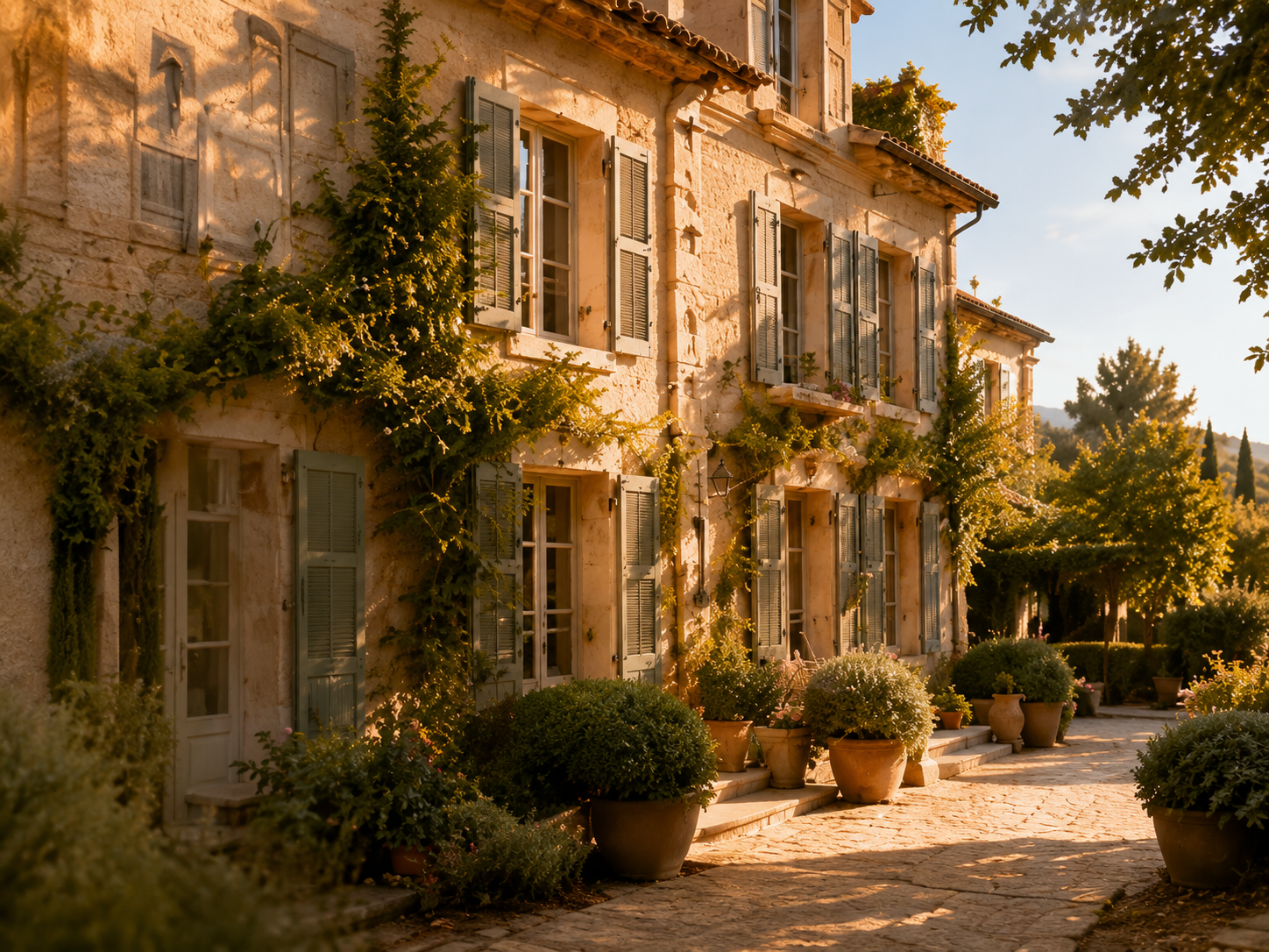 Villa en pierre baignée de soleil, ornée de lierre, de plantes en pot et d'une cour pavée.