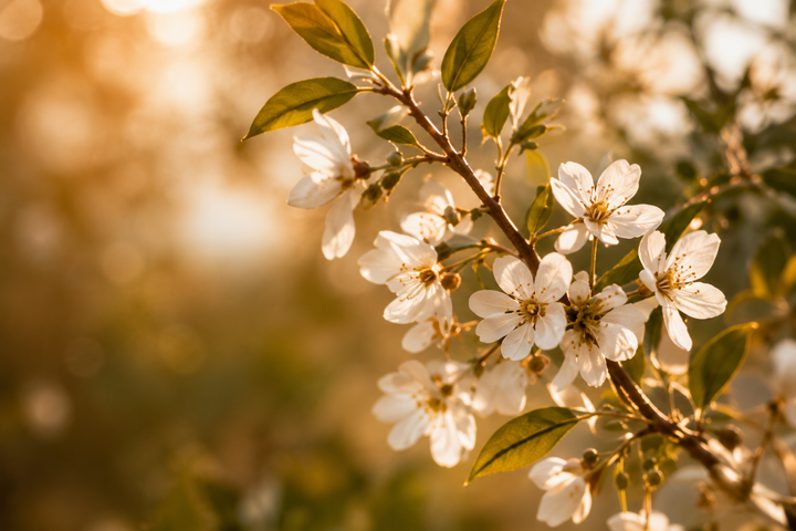 Fleurs blanches sur une branche fleurie sous une chaude lumière dorée.