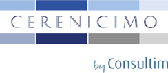 Logo de Cerenicimo avec des barres bleues et grises et le texte by Consultim.
