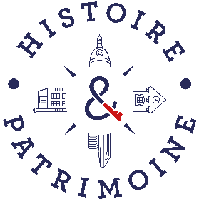 Logo Histoire & Patrimoine avec une esperluette centrale et des icônes architecturales en bleu marine et rouge.