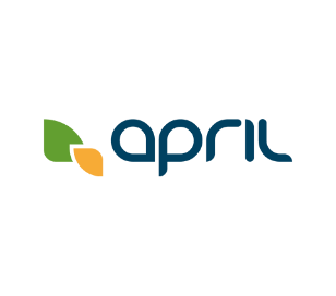 Logo d'avril avec une icône de feuille verte et orange et un texte bleu sur fond blanc.