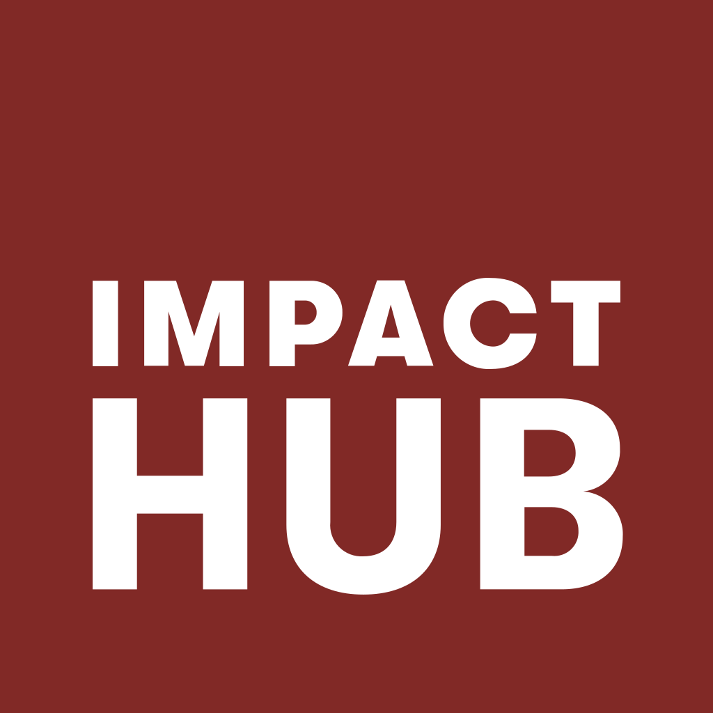 Logotipo do Impact Hub: texto branco em fundo marrom.