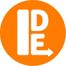 Letras brancas "IDE" com uma seta apontando para a direita, dentro de um círculo laranja.