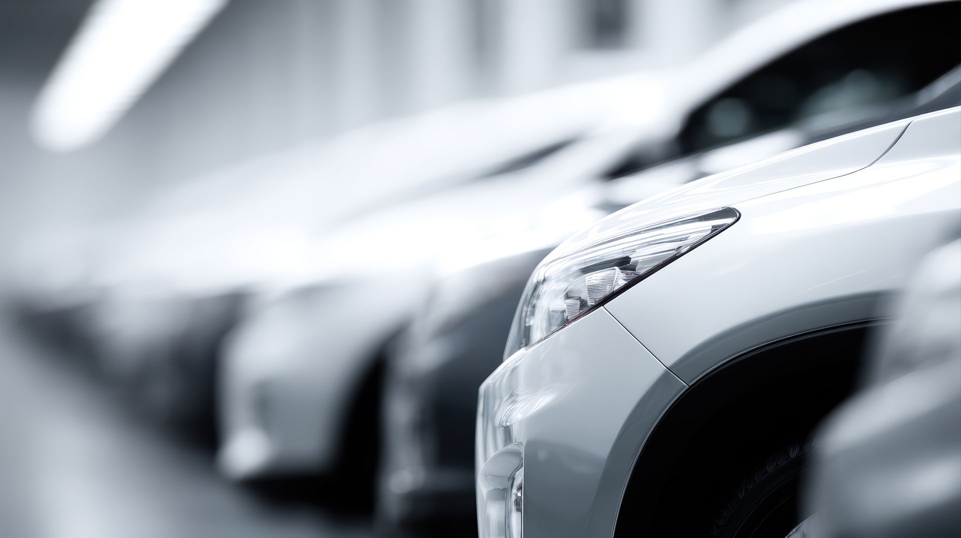 Rangée de voitures argentées garées, gros plan sur l'avant, sur le parking d'une concession automobile
