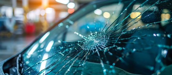 Gros plan sur un pare-brise de voiture fissuré, avec des éclats de verre et les lumières de la ville reflétées la nuit.