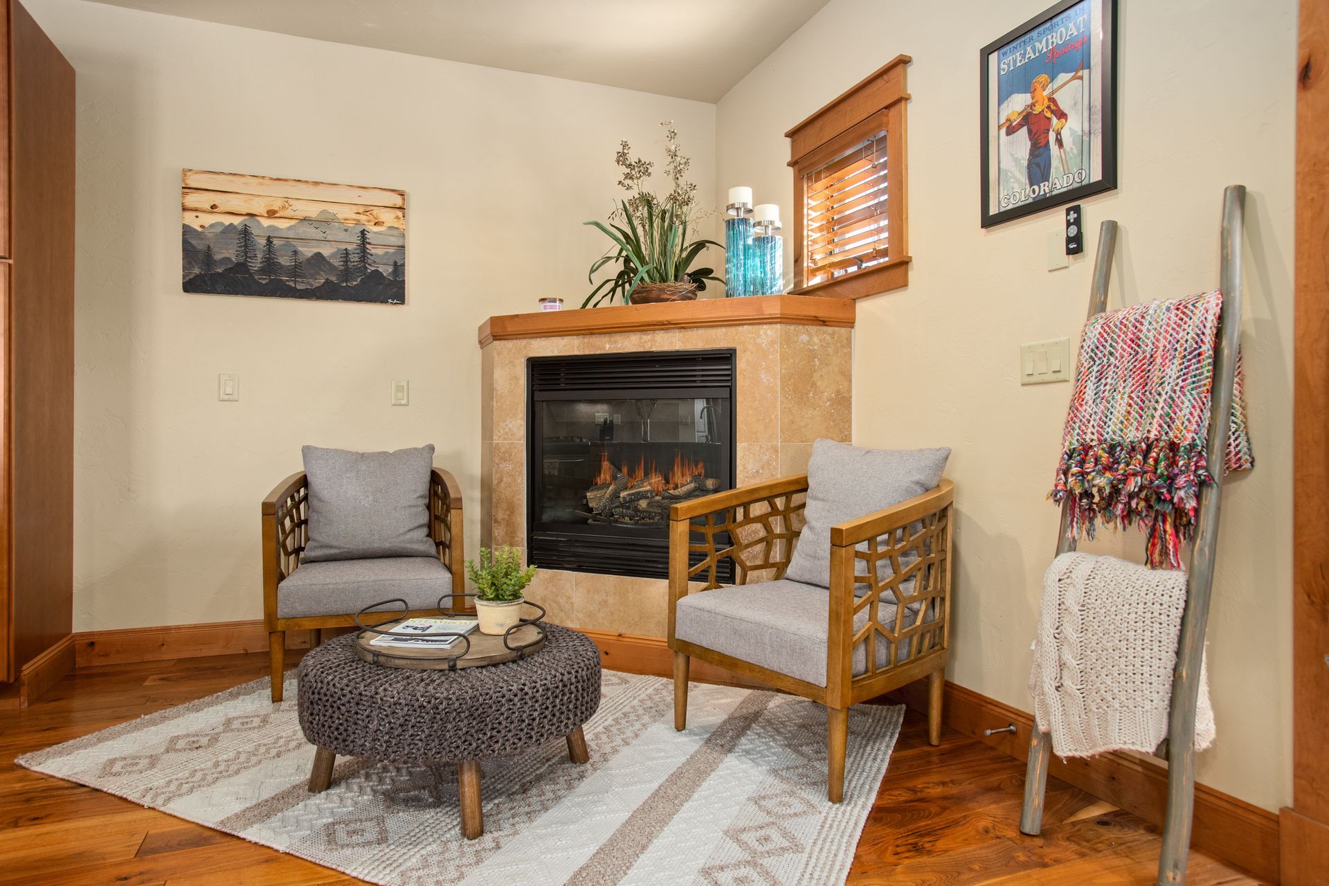 Cozy living area with a fireplace, two armchairs, a rug, and a ladder with blankets.