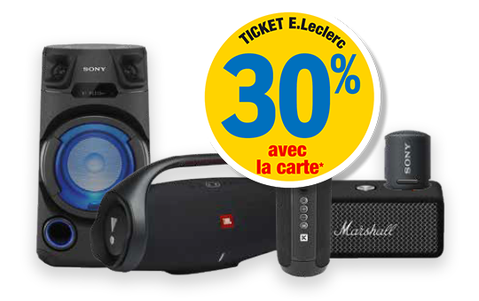 30 % en ticket E.Leclerc avec la carte, exclusivement le mardi 7 avril 2026. Présentation de 5 enceintes bluetooth de marque Sony, JBL et Marshall.