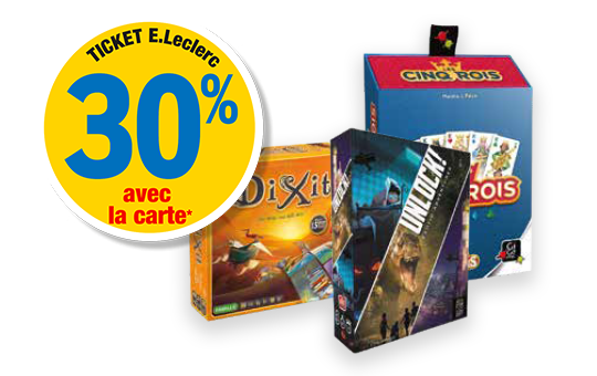30 % en ticket E.Leclerc avec la carte, exclusivement le mercredi 8 avril 2026. Présentation de 3 jeux de sociétés. Boîte du jeu Dixit, Unlcock ! et les cinq rois.