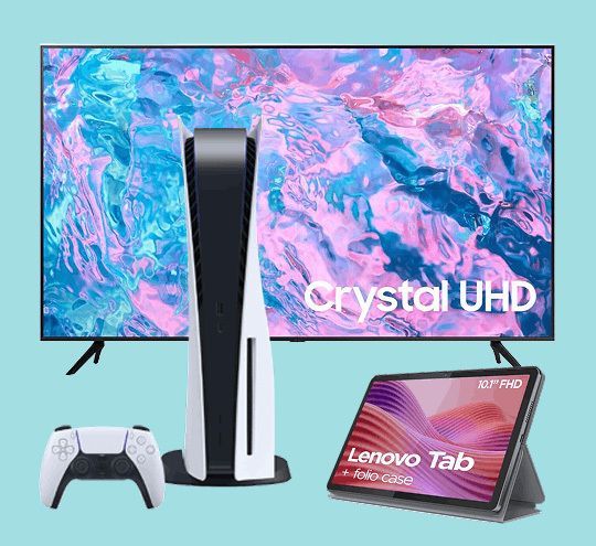 Présentation des cadeaux à gagner au grand jeu : 1 TV Samsung, 1 console Sony PS5 et 1 tablette Lenovo Folio.