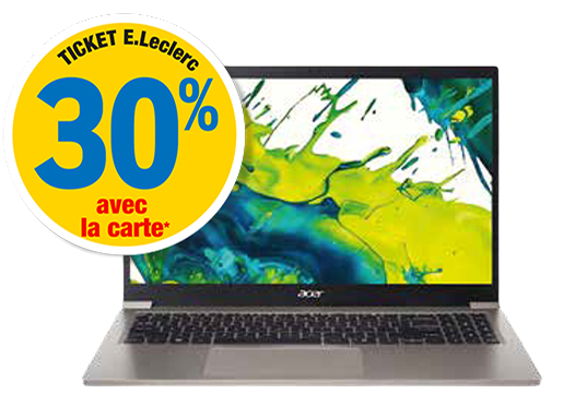 30 % en ticket E.Leclerc avec la carte exclusivement le samedi 11 avril 2026. 550 € dont 3,98 € d’écoparticipation. Présentation d’un PC portable Acer – AL 15-45P+-R1YZ / 15.6 pouce Full HD – AMD Ryzen 7 5825U / 16 Go RAM / 1 To SSD / Windows 11.
