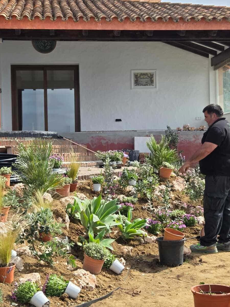 Persona cuidando un jardín de suculentas junto a una casa blanca con tejado de tejas.